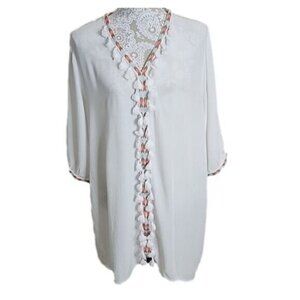 Blue Island White Embroidered W Tassels Swim Coverup Women's XL